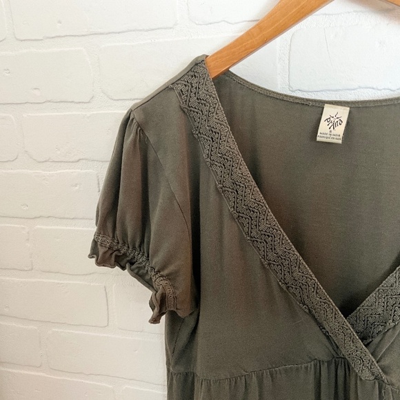 Prana Mini Dress Boho Crochet Olive Green 100% cotton V surplice neck Eco S - Picture 3 of 15